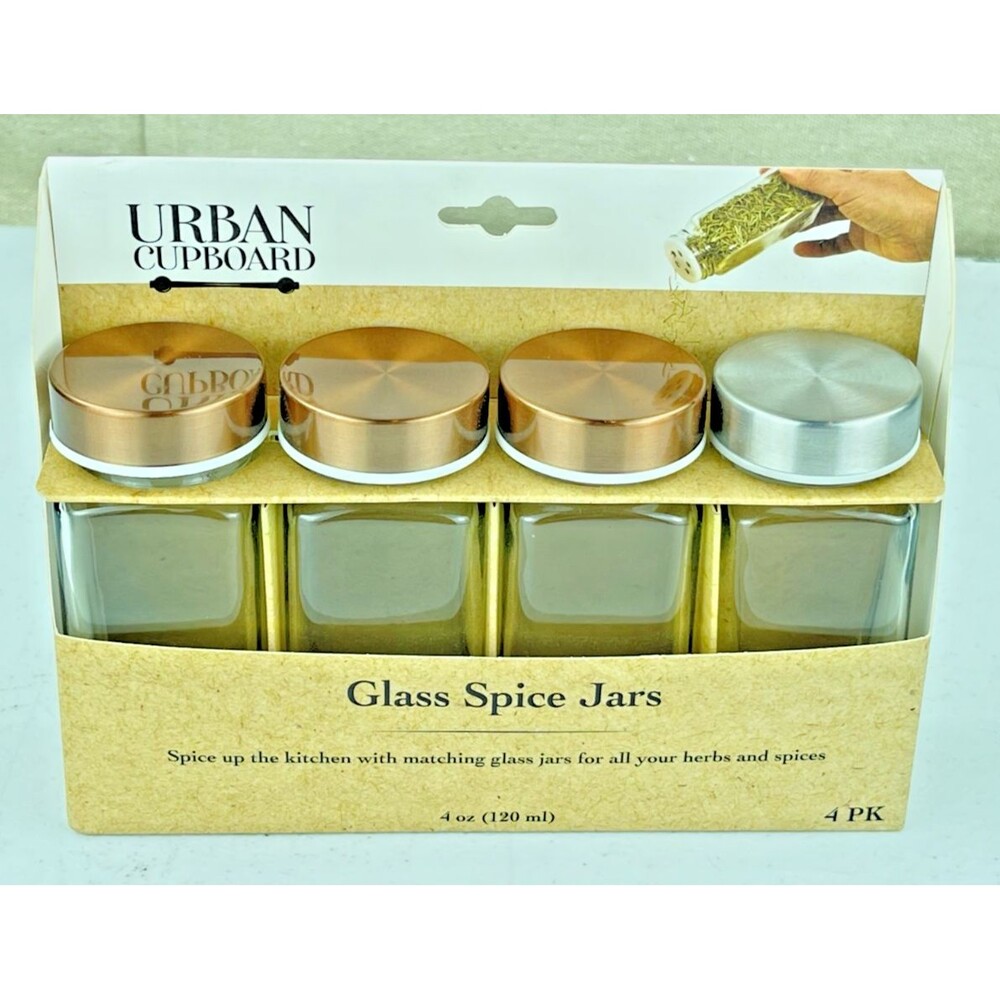Urban Cupboard Set of 4 Matching Glass Herb & Spice Jars 4oz - NEW